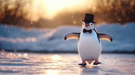 A delightful penguin wearing a top hat and bow tie stands on an icy surface, illuminated by the warm glow of the sunset, creating a whimsical and charming scene.の素材