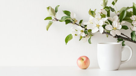 A serene composition featuring a white ceramic mug, a fresh apple, and a branch of beautiful white blossoms on a clean tabletop. Perfect for a soothing morning scene.の素材