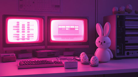 A vibrant retro futuristic workspace featuring neon pink lights, vintage monitors, and a cute bunny model among decorative eggs, creating a cozy and artistic atmosphere.の素材