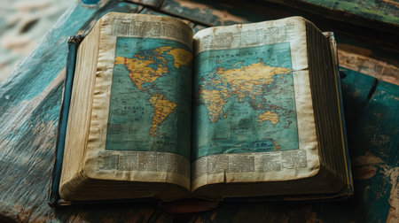An antique book displaying a vintage world map, open on a rustic table. This image captures the essence of exploration and knowledge through geography.の素材