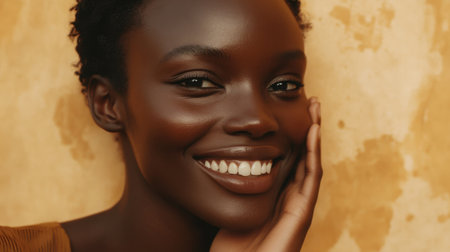 A joyful portrait of a woman with short hair smiling softly against a warm, textured background, radiating beauty and confidence in her expression.の素材