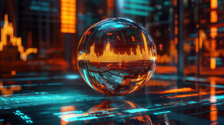 A captivating digital sphere showcasing vibrant data visualization against a high-tech environment, symbolizing innovation and modern technology advancements.の素材