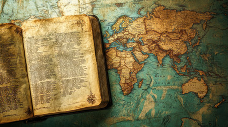 An antique open book rests on a vintage world map, showcasing rich textures and historical significance, symbolizing exploration and knowledge sharing.の素材