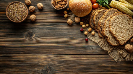 A beautiful arrangement of fresh bread, nuts, and vegetables on a rustic wooden table. Perfect for showcasing healthy, organic meals and natural ingredients.の素材