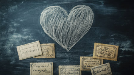 A heart drawing on a blackboard surrounded by vintage postcards evokes feelings of love and nostalgia, perfect for expressing sentiment and creativity.の素材