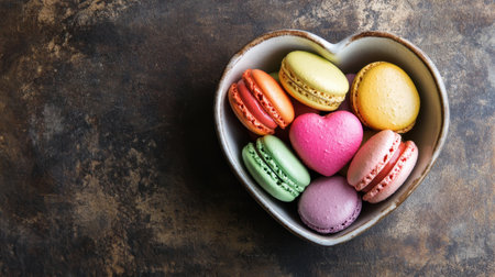 A heart-shaped bowl filled with vibrant macarons in various colors presents a delightful dessert scene. Ideal for food styling and celebration themes.の素材