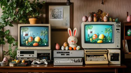 Charming retro computer setup featuring two vintage monitors, Easter decorations, and colorful eggs, evoking nostalgia and festive spirit in a cozy home atmosphere.の素材