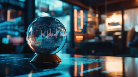 A stunning modern workspace featuring a globe with visualized financial data, showcasing the blend of technology and business insights in a dynamic environment.の素材