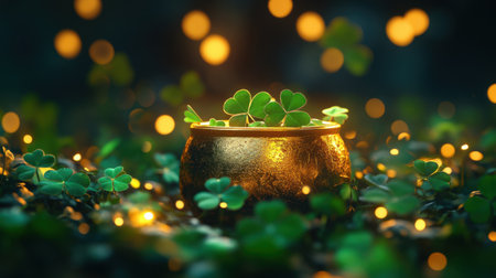 A golden pot overflowing with lush green clovers surrounded by sparkling lights creates a magical, enchanting atmosphere perfect for celebrating luck and abundance.の素材