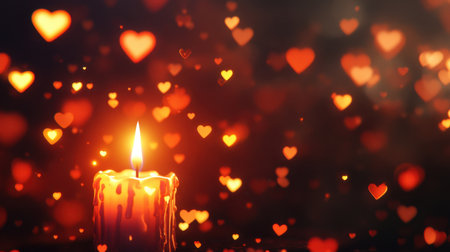 A charming candle flame illuminates the scene surrounded by heart-shaped bokeh lights, creating a romantic and warm atmosphere perfect for love-themed events.の素材