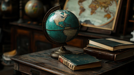 An enchanting vintage globe rests on a rustic desk near old books, evoking a cozy study atmosphere perfect for exploration and learning.の素材