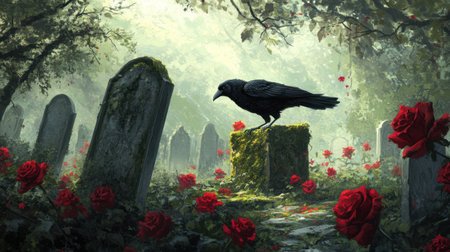 A mystical scene featuring a raven perched on a moss-covered tombstone, surrounded by vibrant red roses in a foggy graveyard. The atmosphere evokes beauty and mystery.の素材