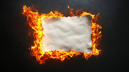 A captivating image of burning flames encircling a blank piece of paper against a dark backdrop, symbolizing creativity and destruction. Perfect for artistic concepts.の素材