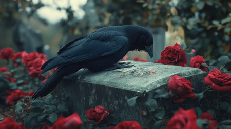 A solitary crow sits on a weathered gravestone amidst vivid red roses. This scene exudes an eerie yet serene atmosphere, perfect for themes of nature and mourning.の素材