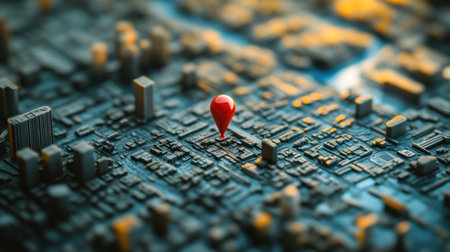 Aerial view of an urban map featuring a distinctive red location pin. This image illustrates modern navigation technology and urban exploration.の素材