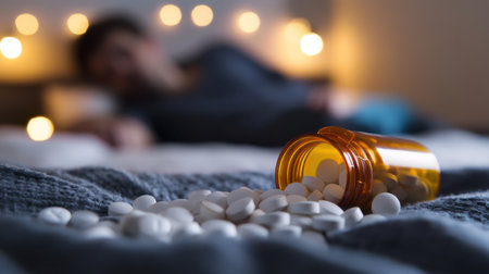 A close-up view of a spilled prescription medication bottle with white pills on a bed. The blurred background shows soft lights, suggesting themes of emotional turmoil and health issues.の素材