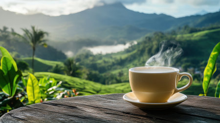 A serene coffee moment captured with a steaming cup set on a wooden table amidst a lush mountain landscape. Perfect for themes of tranquility and relaxation.の素材