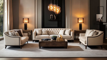 Discover an elegant living room featuring modern furniture and stylish light fixtures. The warm colors and inviting atmosphere create a cozy and sophisticated space ideal for relaxation.の素材