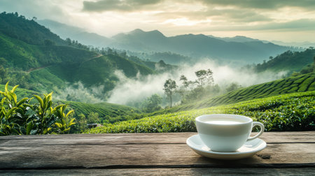 Enjoy a tranquil scene of a wooden table with a cup of tea overlooking lush green tea plantations and misty mountains. Perfect for capturing serenity.の素材
