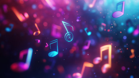 A stunning display of colorful music notes floating in a dreamy and abstract background. The design evokes feelings of creativity, joy, and vibrant sound. Perfect for projects related to music, art, and celebration.の素材