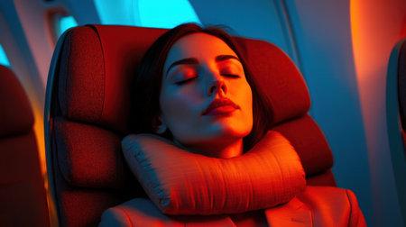 A serene woman rests her head on a travel pillow while seated on an airplane. The soft lighting enhances the tranquil atmosphere, creating a moment of relaxation during her journey.の素材
