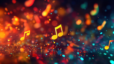 Vibrant abstract background featuring colorful bokeh lights and floating music notes. Perfect for music-related events, creativity, or entertainment themes.の素材