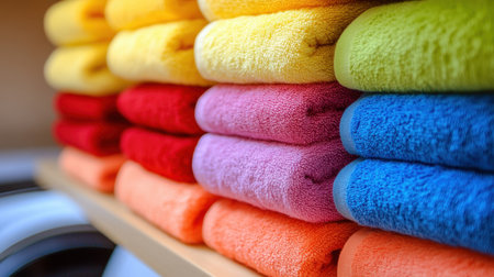 A vibrant display of neatly stacked towels in various colors on a shelf, showcasing texture and softness ideal for bathroom or laundry decor.の素材