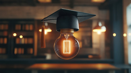 A unique lightbulb adorned with a graduation cap, symbolizing the fusion of education and innovation in a modern office setting.の素材