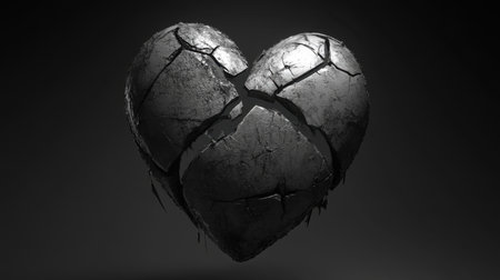 A striking monochrome sculpture of a cracked heart, evoking themes of broken emotions and heartache. This artistic piece captures the essence of sadness and loss.の素材