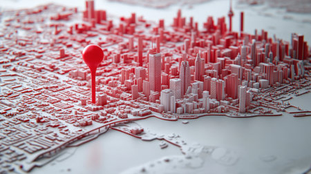 A vibrant red location pin highlights a detailed 3D city map featuring skyscrapers and a nearby waterfront. Ideal for navigation and urban planning concepts.の素材