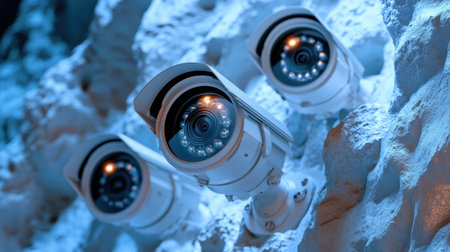Three modern security cameras are installed on a textured wall, showcasing advanced surveillance technology. The cameras are designed for maximum monitoring and safety.の素材