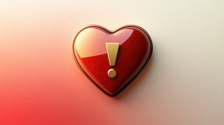 This striking image features a glossy red heart with a prominent exclamation mark, conveying strong emotions and urgency in a modern design. Perfect for various creative projects.の素材