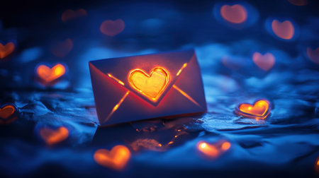A beautifully illuminated envelope with a heart cutout, surrounded by glowing heart lights. Ideal for romantic themes, love stories, or heartfelt occasions.の素材