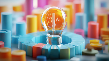A striking composition featuring a glowing light bulb amidst a vibrant array of geometric shapes. This image symbolizes creativity and innovation.の素材