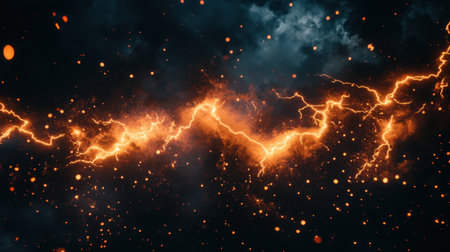 Captivating image of striking lightning illuminating dark storm clouds. The scene showcases the raw energy and dramatic beauty of a thunderstorm in the night sky.の素材