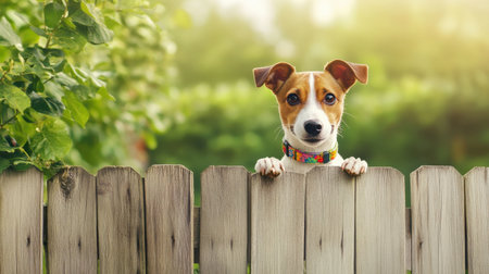 A curious dog peeks over a wooden fence, surrounded by lush green scenery. The image captures the innocence and playful spirit of the dog in a sunny outdoor setting.の素材