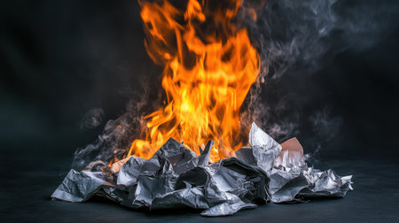 This captivating image showcases vibrant flames engulfing crumpled paper, creating an intense visual experience. The contrast of fire and smoke against a dark background evokes themes of destruction and transformation.の素材