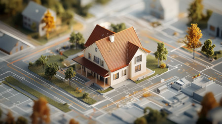 A detailed model of a modern residential house surrounded by trees and streets, capturing the essence of suburban life. Perfect for architectural presentations and housing concepts.の素材