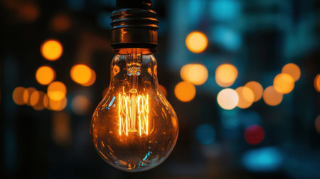 A vintage light bulb illuminates with a warm glow against a bokeh background. This artistic image captures a stylish ambiance ideal for interior decor and design projects.の素材