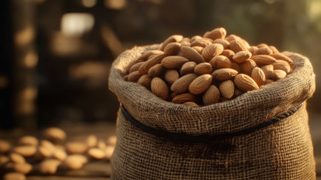 A burlap sack filled with fresh raw almonds rests on a rustic wooden table. This image emphasizes natural food, healthy snacks, and organic ingredients suitable for a nutritious diet.の素材
