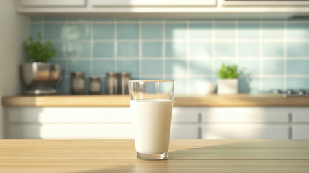 A glass of fresh milk sits on a wooden table in a bright, modern kitchen. The soft sunlight highlights the creamy texture, creating a serene and inviting atmosphere.の素材