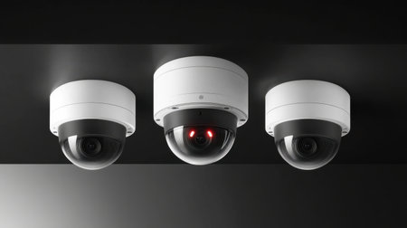 Three modern security cameras in a sleek design mounted on a dark background. Each camera features distinct styles and advanced technology for optimal surveillance and monitoring.の素材