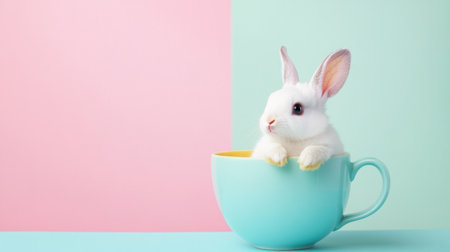 A charming white rabbit peeks out from a colorful cup against a soft pastel background, creating a whimsical and playful scene perfect for various themes.の素材