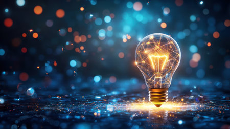 A stunning and vibrant light bulb surrounded by glowing network connections, symbolizing creativity and innovation. Ideal for technology and inspiration themes.の素材