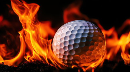 A dramatic image of a golf ball engulfed in flames, symbolizing intensity and passion of the game. The vibrant colors and contrasting dark background create an eye-catching scene.の素材