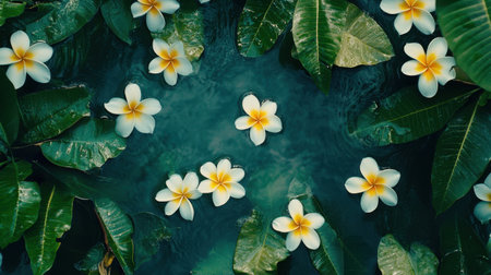 A serene overhead view of a tranquil water pool adorned with vibrant plumeria flowers. Lush green leaves surround this peaceful natural scene, promoting a sense of calm and harmony.の素材