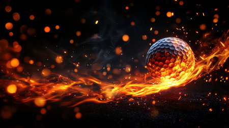 A striking image of a golf ball amid fiery sparks, capturing dynamic motion and energy. Perfect for sports themes, competitions, or creative designs.の素材