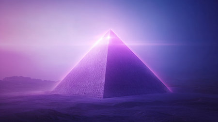 A mesmerizing pyramid shrouded in mist illuminates the night with enchanting purple light, creating a surreal and dreamlike landscape atmosphere.の素材