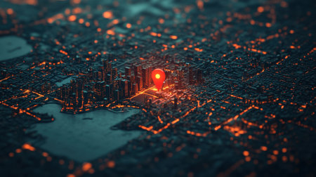 A vibrant digital map highlighting an urban center with a glowing location pin. Ideal for themes of navigation, urban exploration, and technology.の素材