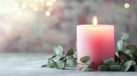 A beautiful soft pink candle burns gently among eucalyptus leaves, creating a serene ambiance. This elegant composition evokes relaxation and tranquility in any setting.の素材